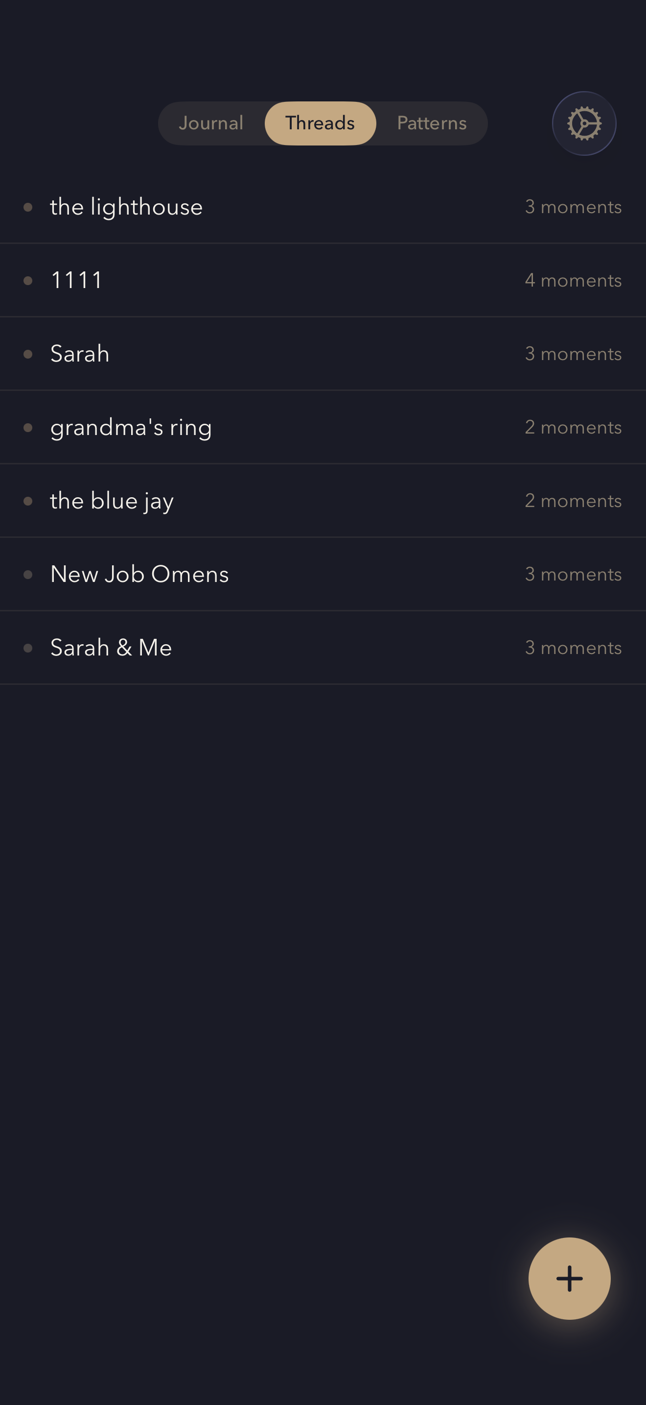 Threads view showing connected moments